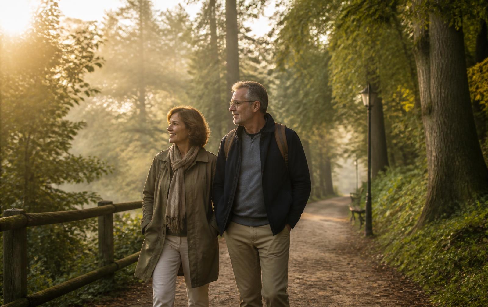 Zwei Menschen um die 60 gehen an einem ruhigen Morgen einen Waldweg entlang