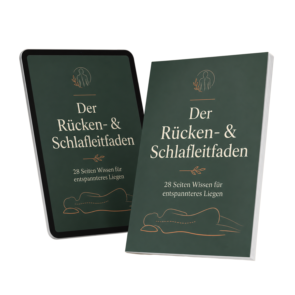 Der Rücken- und Schlafleitfaden als digitales PDF auf Tablet und als gedruckte Ausgabe